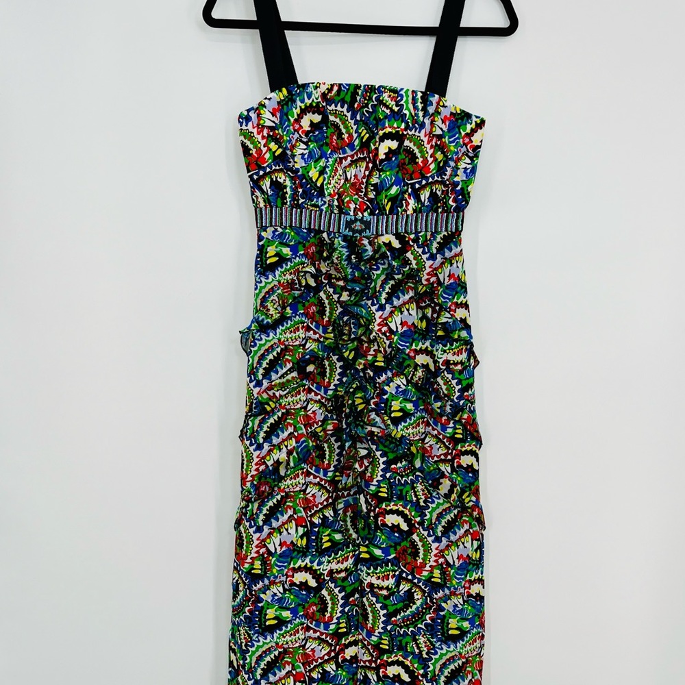 NWT Saloni Dana Silk Crepe Ruffle Floral Bodycon Midi Dress Holi Marina Beaded 2 - Picture 7 of 11